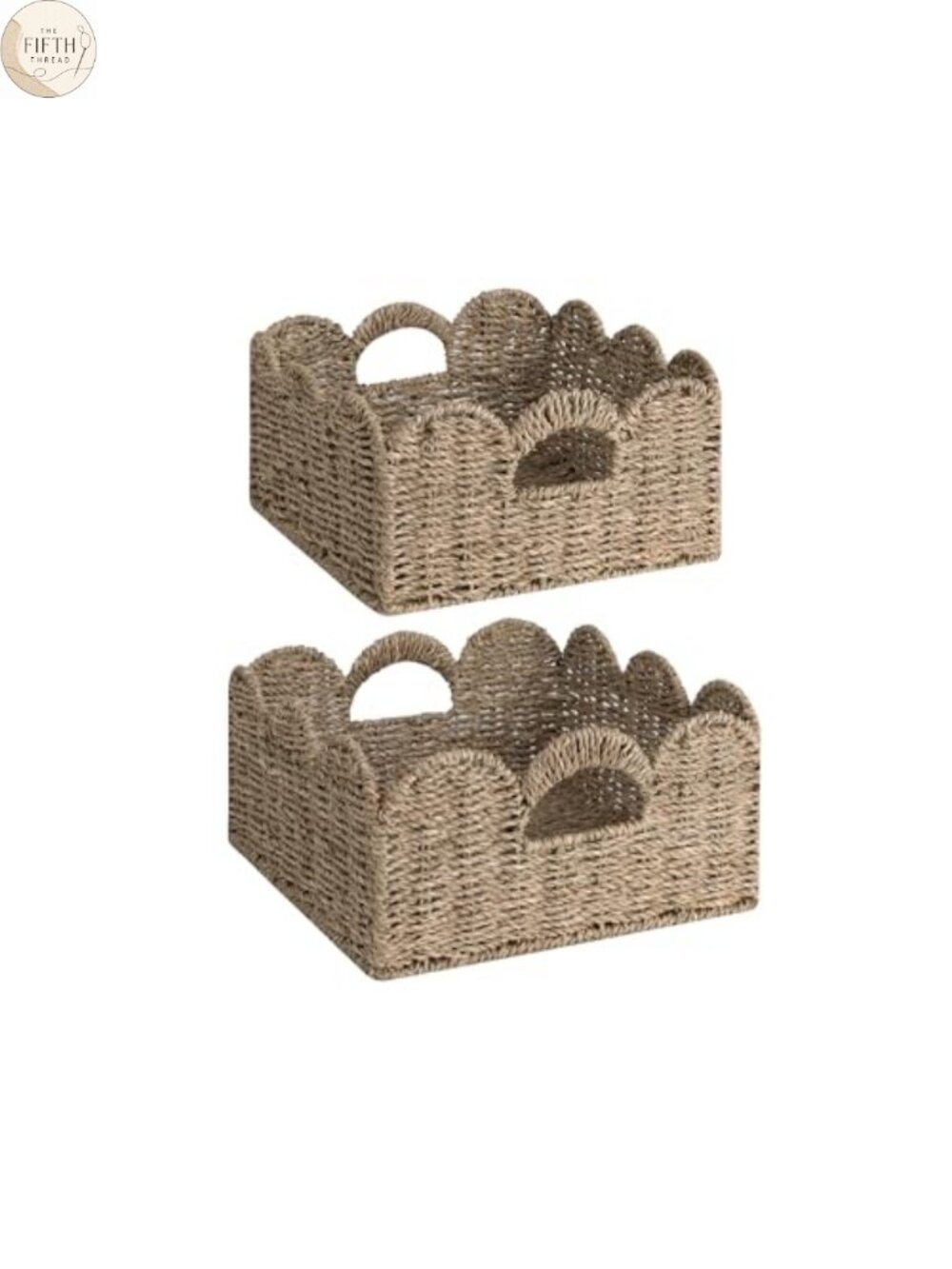 Scalloped Wicker Storage Basket Set Hand-woven Seagrass Nursery Organizer 2 Pack